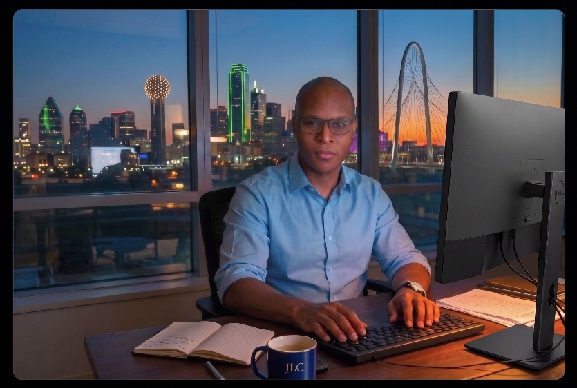 Consultant working at a Dallas high rise office desk at dusk