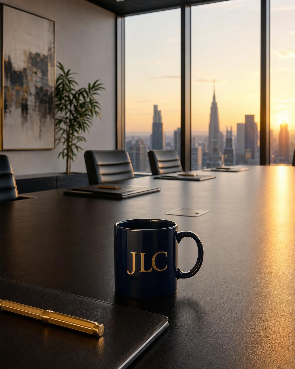 Empty executive conference room with documents and a JLC mug