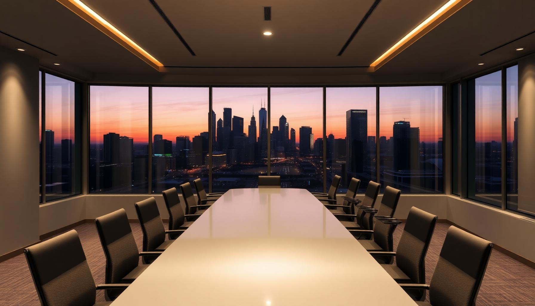 Executive boardroom with the Dallas skyline at dusk