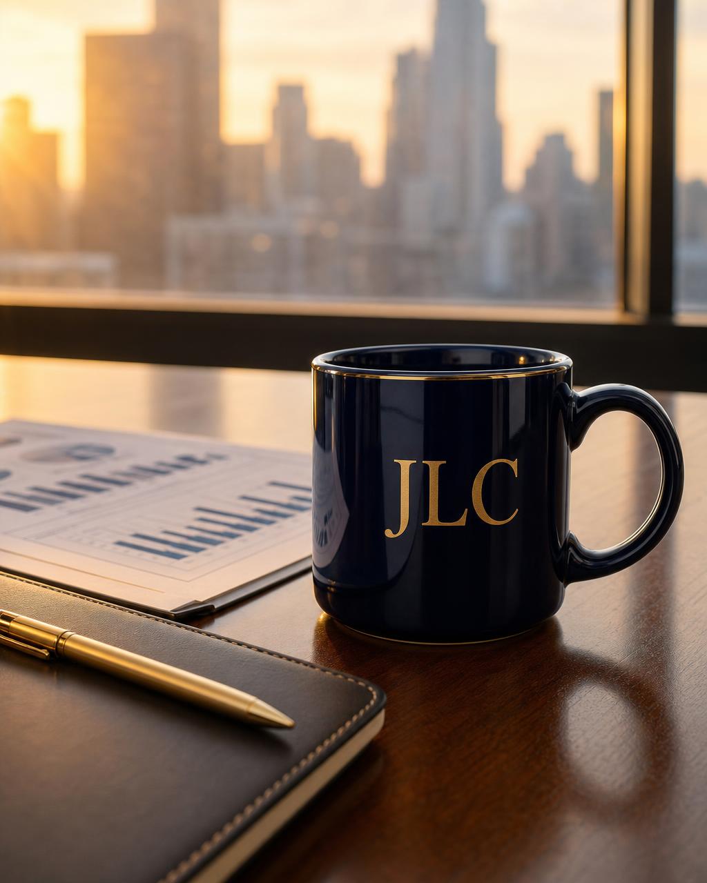 Senior executive desk with a navy JLC mug and business operations report