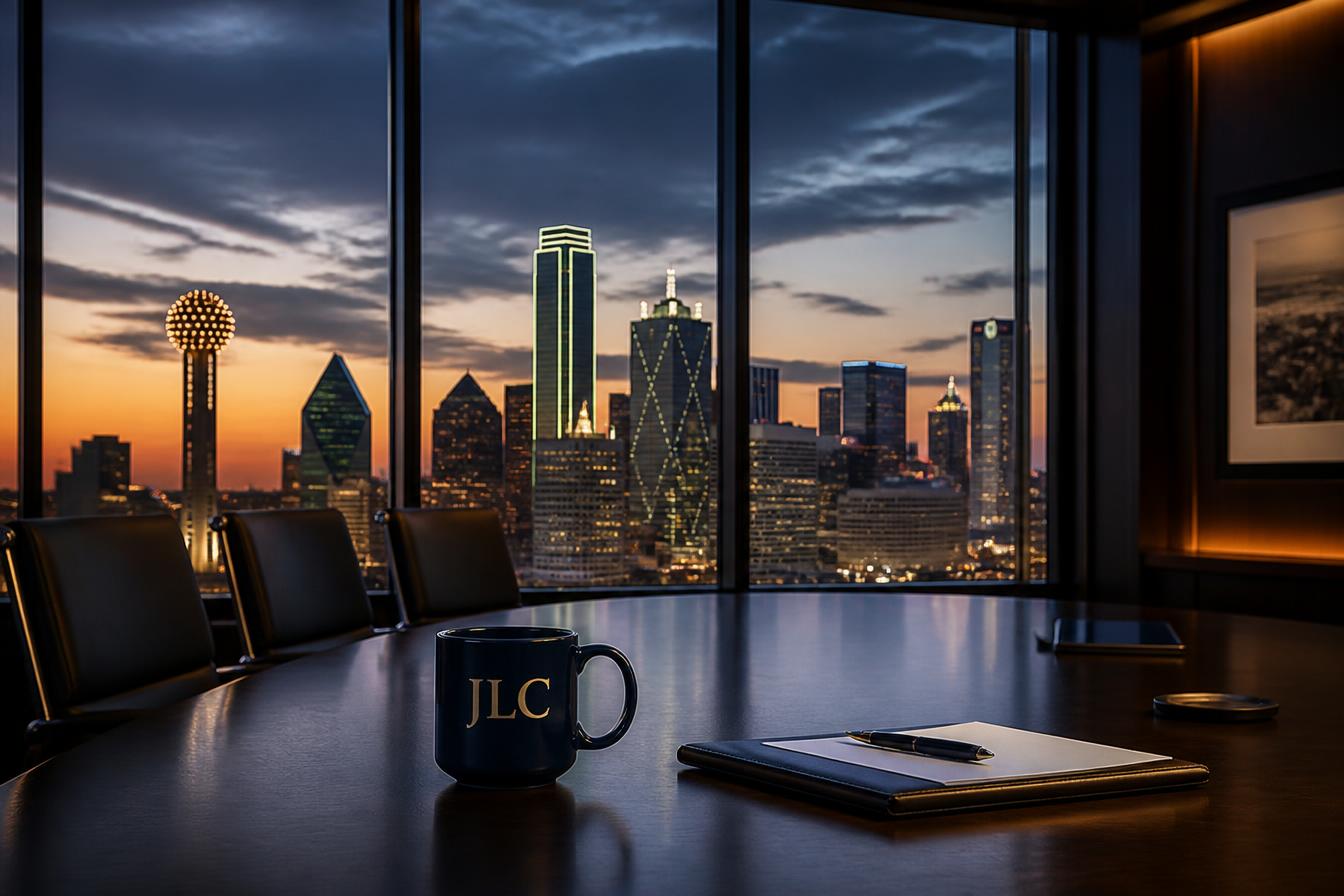Dallas and Fort Worth skyline at dusk seen through a boardroom window with a JLC mug